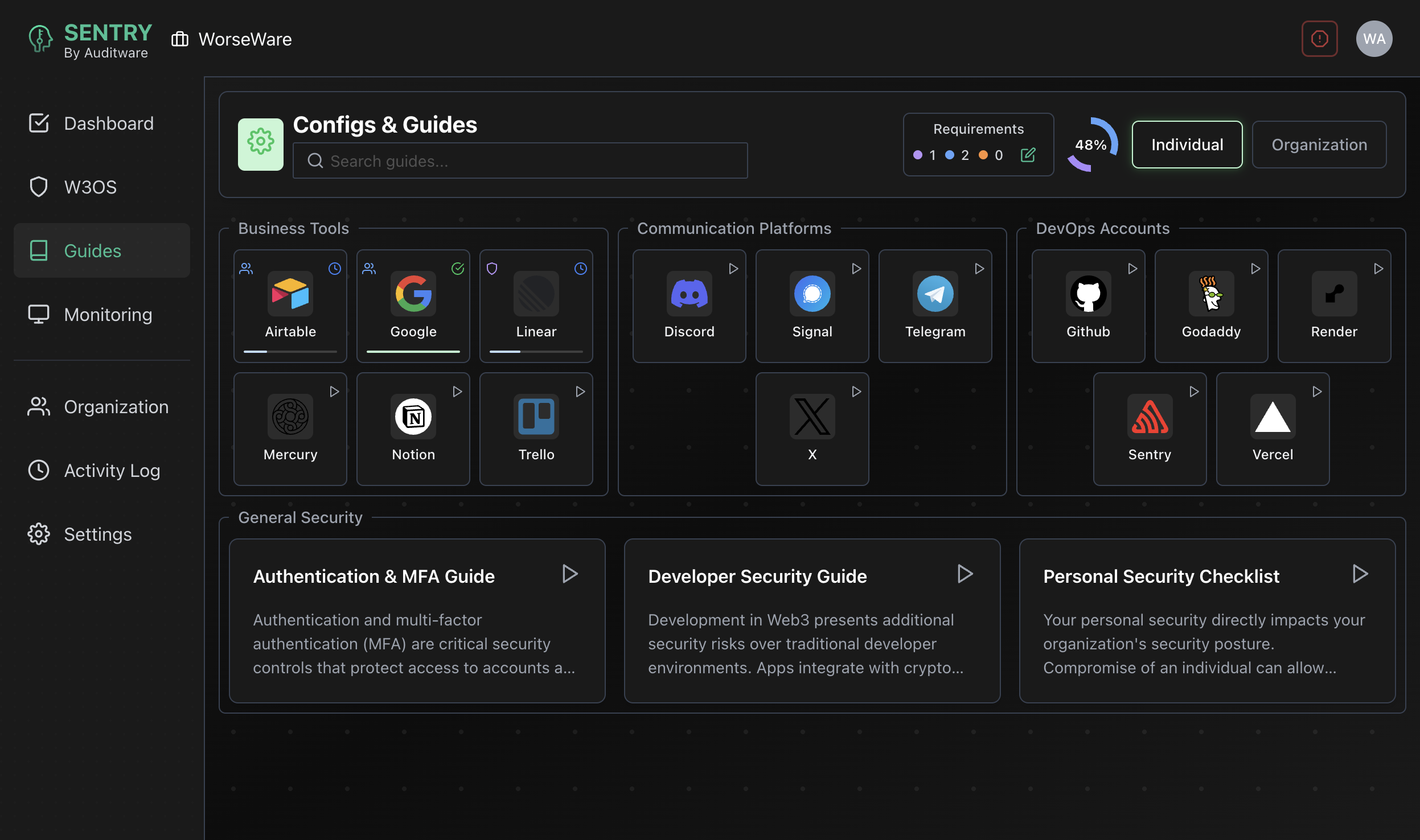 Sentry frontend monitoring dashboard showing DNS and content change alerts